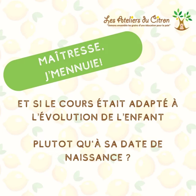 « Maîtresse, je m’ennuie ! »
Et si on arrêtait de classer nos enfants par date de naissance, pour se baser sur leurs capacités et leur évolution ? 🌱
👉 Aujourd’hui, à l’école et en crèche, les enfants sont souvent regroupés en sections ou classes selon leur âge. Mais ce système montre vite ses limites : ❌ Les plus jeunes se retrouvent dépassés par des attentes trop élevées. ❌ Les plus âgés s’ennuient face à des activités trop simples pour eux.
Cependant, la question de l’éthique se pose : il ne s’agit pas de créer des groupes de niveaux qui stigmatisent les enfants en difficulté ou favorisent un système élitiste. La pédagogie Montessori répond à ce défi grâce à des groupes larges d’âges, qui respectent les besoins individuels sans exclure personne.
✨ Respectons les rythmes de chacun tout en favorisant une dynamique sociale.
Et vous, qu’en pensez-vous ? Partagez vos idées en commentaire ! 💬
#LesAteliersDuCitron #PédagogieMontessori #RythmeDeLEnfant #ÉducationBienveillante #PetiteEnfance #ÉducationPositive